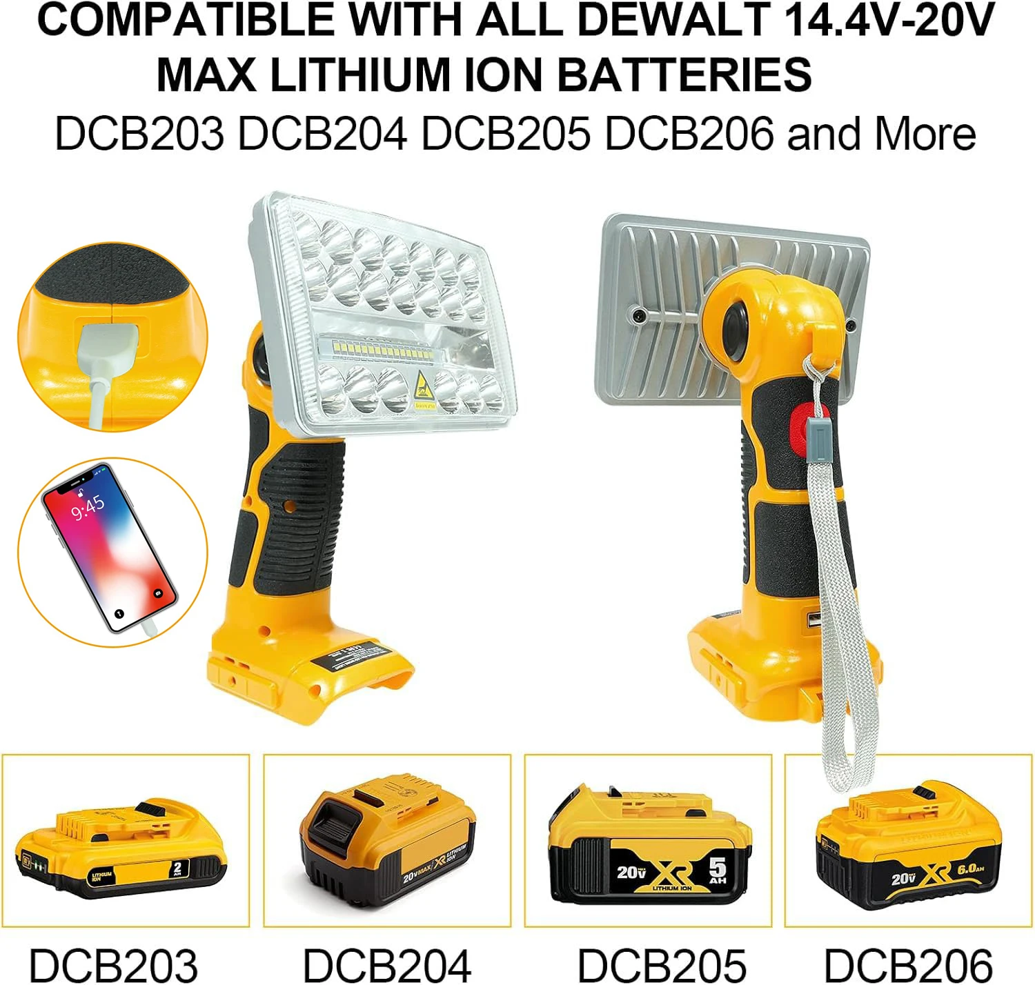 

For Dewalt 20v Work Light 18W 2000LM Portable Floodlights Spotlight with USB Charging Port for Repairing Garage Camping Jobsite
