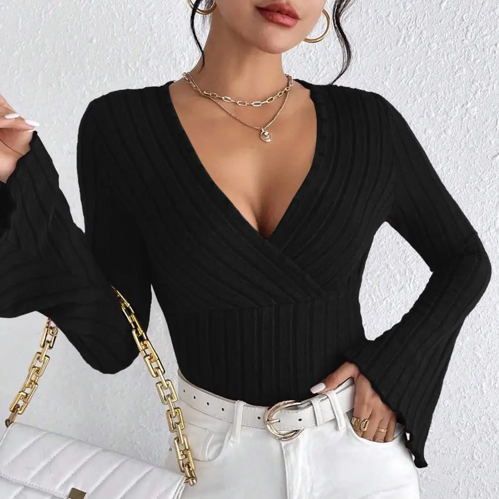 Women Bottoming Tops V-neck Flared Long Sleeve Slim Fit Knitting Tops Solid Color Autumn Winter Blouse view 4