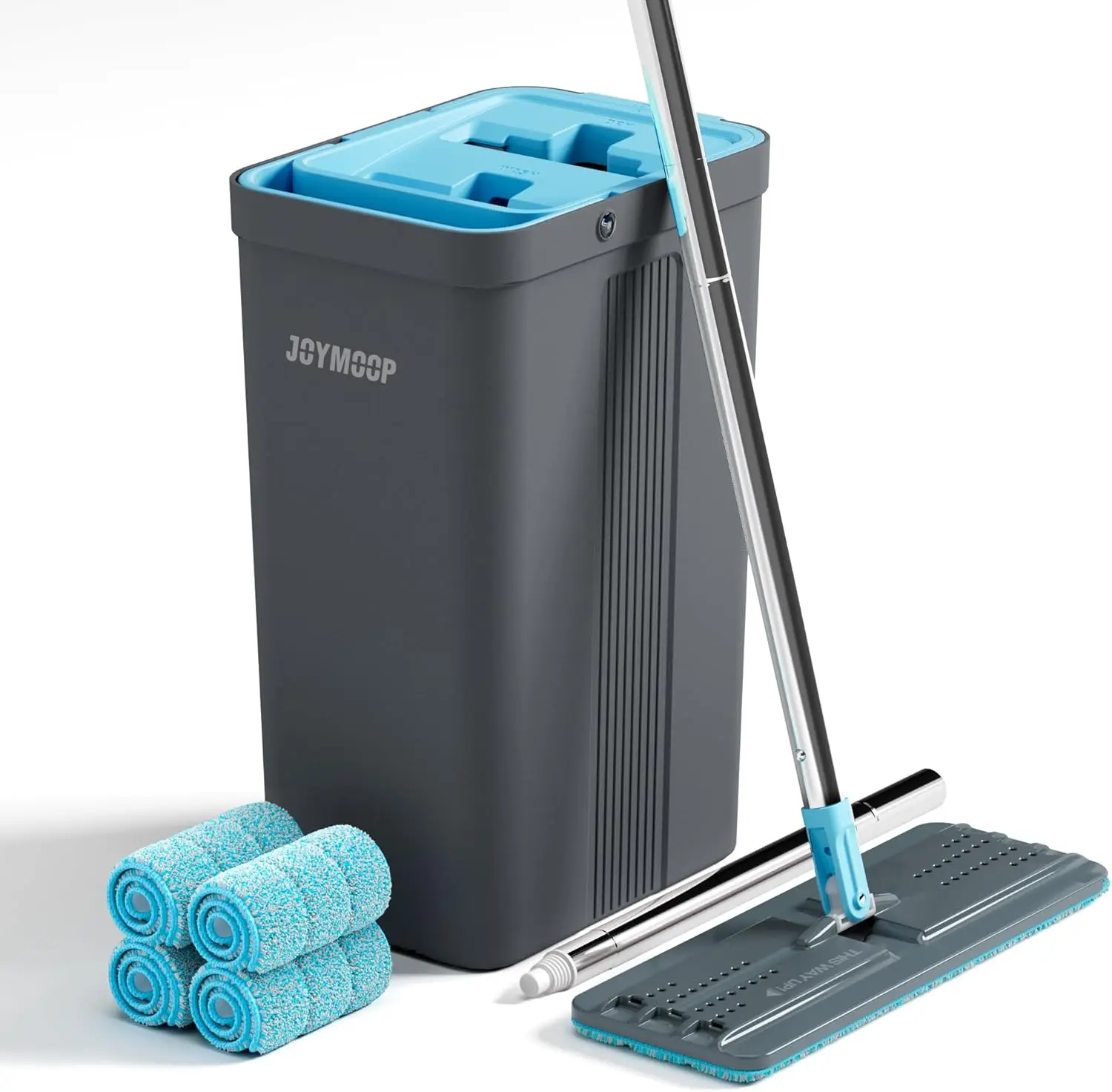 

Floor Cleaning Mop Set with Wringer, Long Handle Wall Mop, 4 Reusable Microfiber Pads - Grey Blue