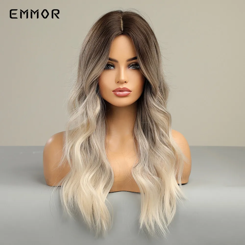 Emmor Synthetic Women's Long Wavy Ombre Dark Brown to Light Blonde Wigs Natural Eat Resistant Wig for Women Party Fashion Wigs