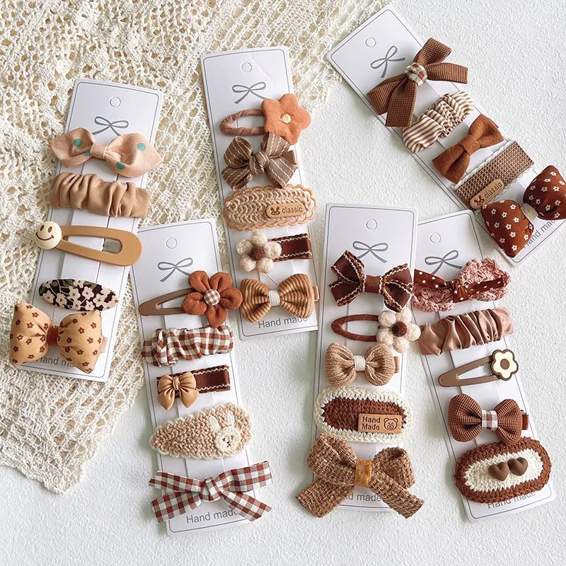 

5pc Brown Color Butterfly Bow Hair Clips Baby Tartan Plaid Bow Hair Clip Girls Wool Knit Hairpins Cotton Barrette Girls Headwear