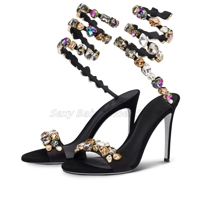 Jewel Snake Shaped High-heeled Sandals Fashion Rhinestone Five Color Stone Sheepskin Foreign Trade Silver Soled Banquet Shoes