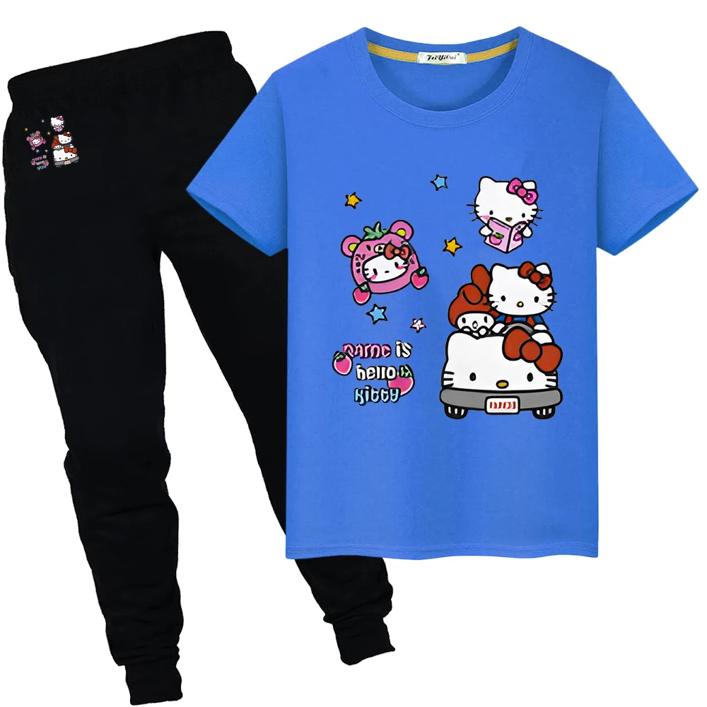 

Футболка и штаны для мальчиков и девочек, из 100% хлопка, с принтом hello kitty