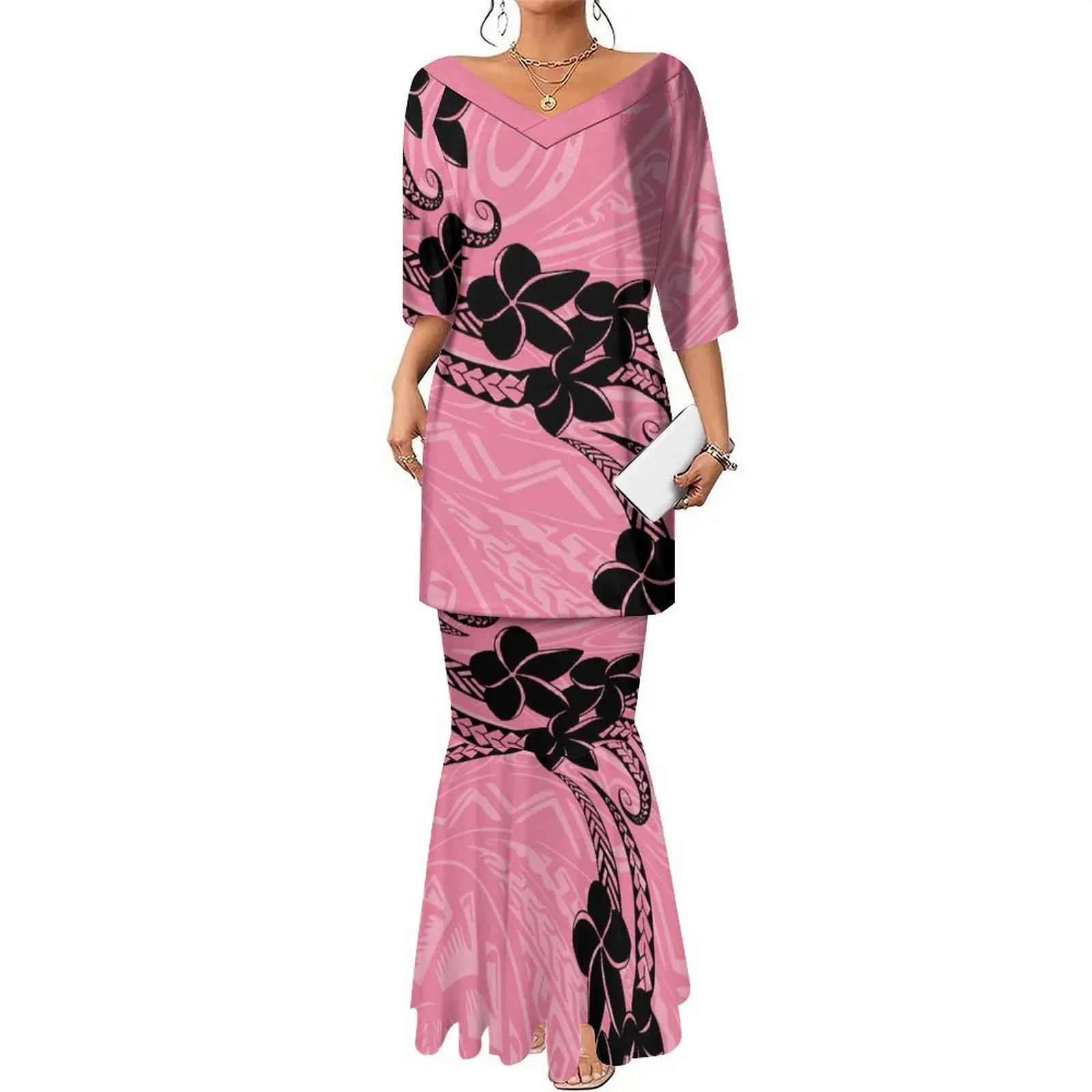 

Women Sexy V-Neck Dress Puletasi Top And Long Skirt Two-Piece Samoan Traditional Costume Polynesian Tribal Print