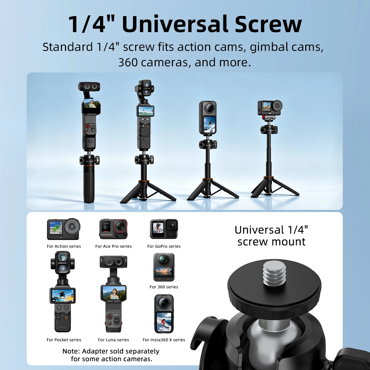 Tripod Selfie Stick for DJI Action 6 5 4 3/Pocket 4P/4/3/Insta360 X6/5 Luna Camera Accessories Adjustable Extension Pop‑up Mount