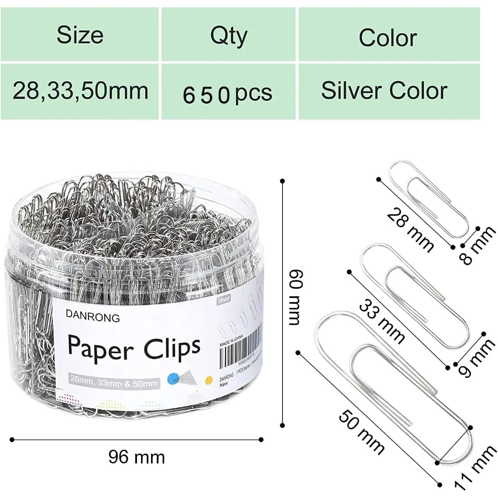650 PCS Paper Clips, Assorted Sizes (Small, Medium, Large) for Office & School, Silver