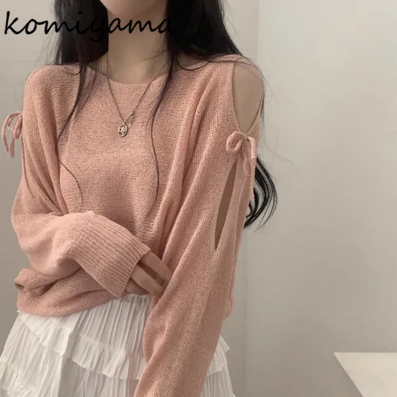 

Шикарная ажурная одежда на шнуровке с бантом Ropa Mujer, новая нежная вязаная свободная женская одежда Roupas, одежда в корейском стиле, свитер с круглым вырезом