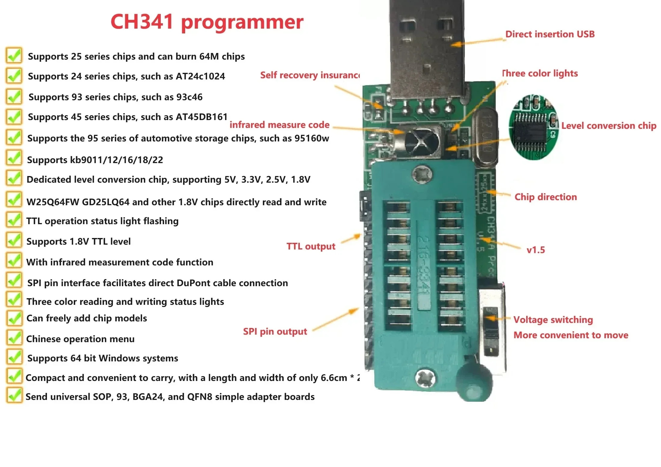 CH341A programmatore V1.7 1.8V conversione di livello W25Q64FW W25Q128FW GD25LQ64