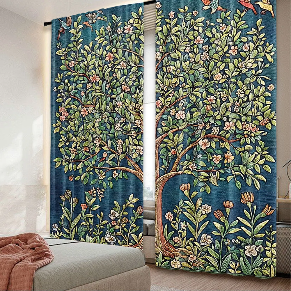 2Pcs Boho William Morris Curtain Vintage Tree Of Life Art Style Tree With Flowers Curtain Suitable For Bedroom Living Room