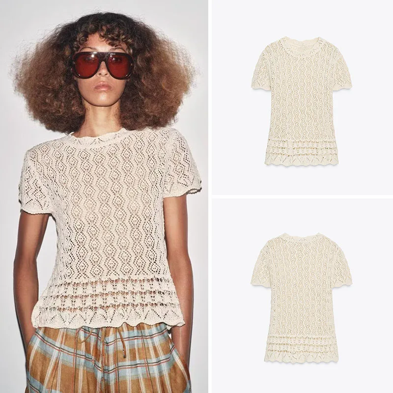 

New Autumn Women's Casual round Ne Hollow Me Knitted ort Sve Top Slim Fit Sle Eyelet Fabric Regular Sve Length