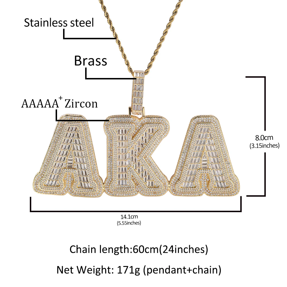 TBTK Custom Two Tone Big Baguettecz Initial Letter Name Pendant Necklace Micro Paved Out 5A Cubic Zirconia Chain Hiphop Jewelry - view 5