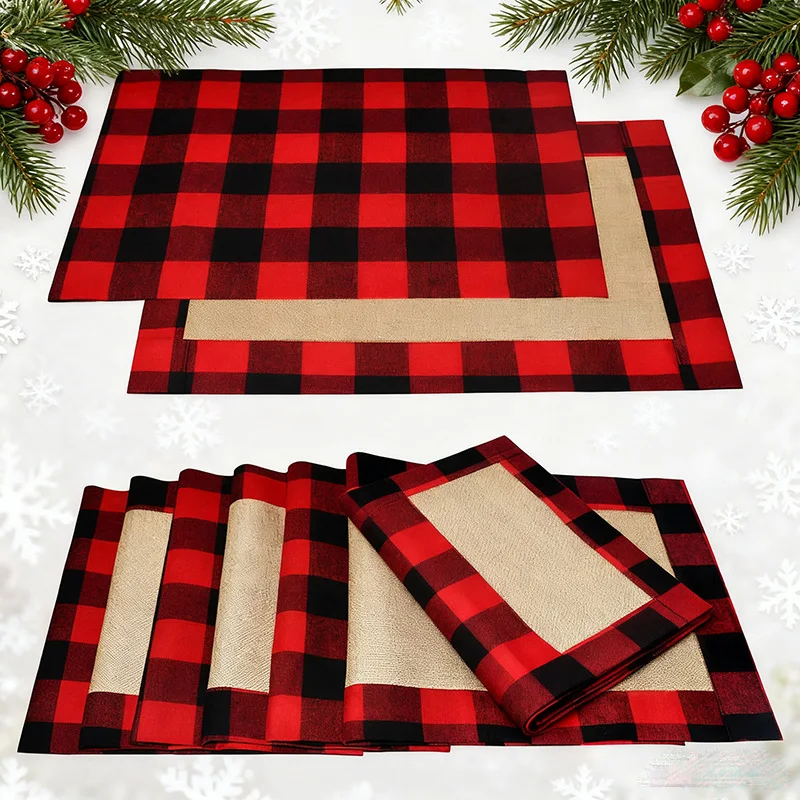 

Set of 6 Christmas Placemats Red Black Buffalo Check Reversible Burlap & Cotton Place mats for Christmas Dining Table Decoration