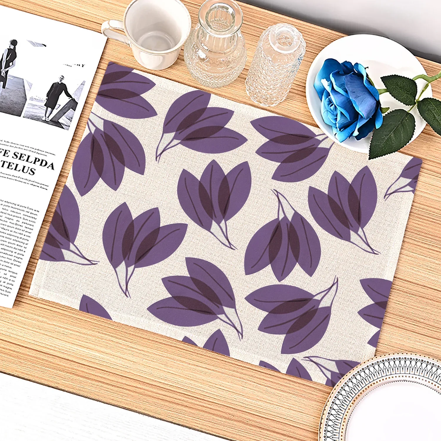 Purple Geometric Pattern Kitchen Placemat for Dining Table Cotton Linen Drink Coaster Home Decoration Modern Kitchen Cup Pads