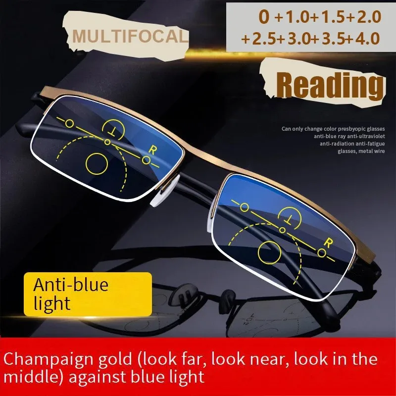 Lunettes de lecture multifocales progressives pour hommes, monture demi-cerclée en métal TR90, anti-lumière bleue, double usage vue de près et de loin, pour presbytes