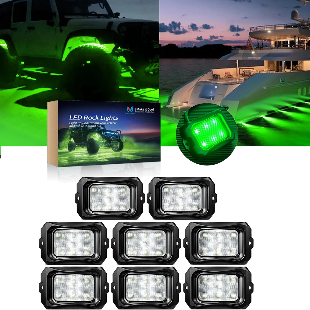 

MICTUNING 8 Pods LED Rock Lights Pure Color Green Curved Atmosphere Lights Ambient Lamps IP68 with Positive and negative wires