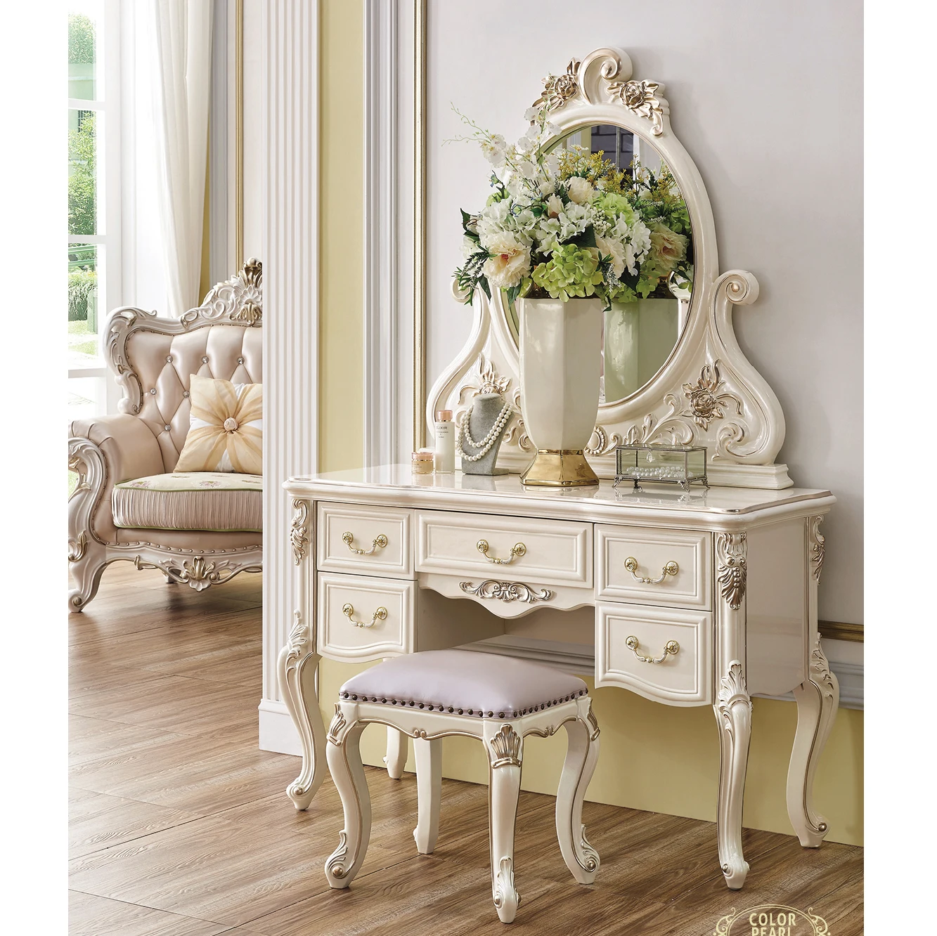 Newly Wooden Dressing Table with Modern Designs Elegant Pearl White Dressing Table Set