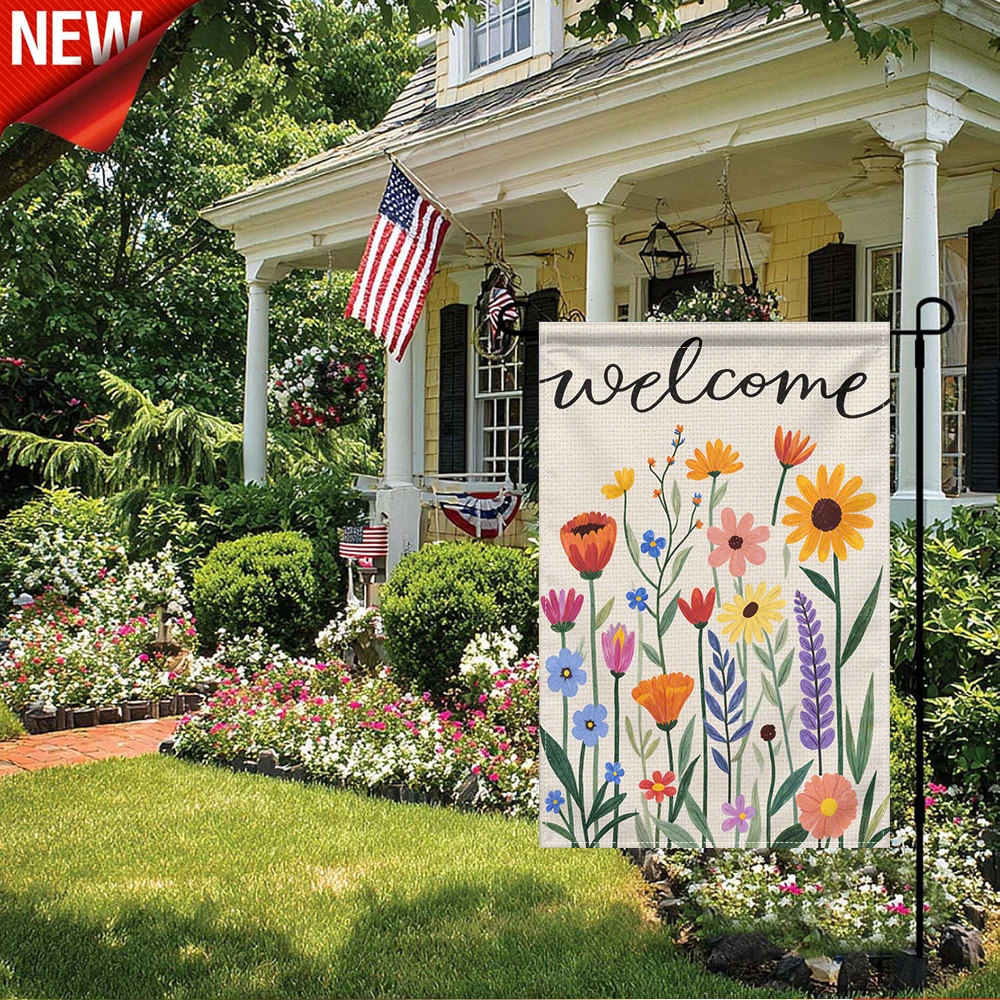 

1PC, Welcome Floral Garden Flag Colorful Wildflower Print Outdoor Welcome Yard Flag for Patio Lawn Decor