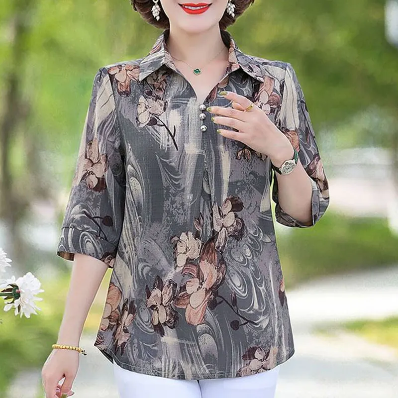 Summer Vintage Floral Printed Shirt Women\'s Clothing Casual Turn-down Collar Button Commute Half Sleeve Stylish Loose Blouse