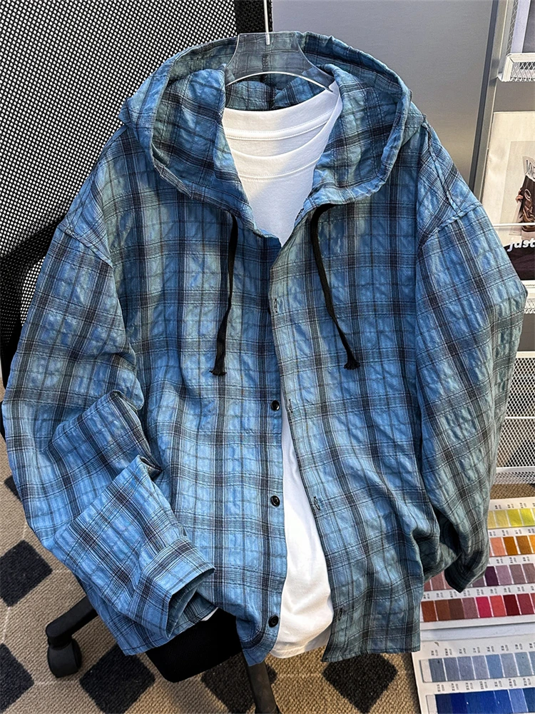 Lightweight Summer Plaid Shirt Men's Long Sleeve Bubble Cloth Hooded Casual Loose Fit Lazy Style Coat Sun Protection Outerwear