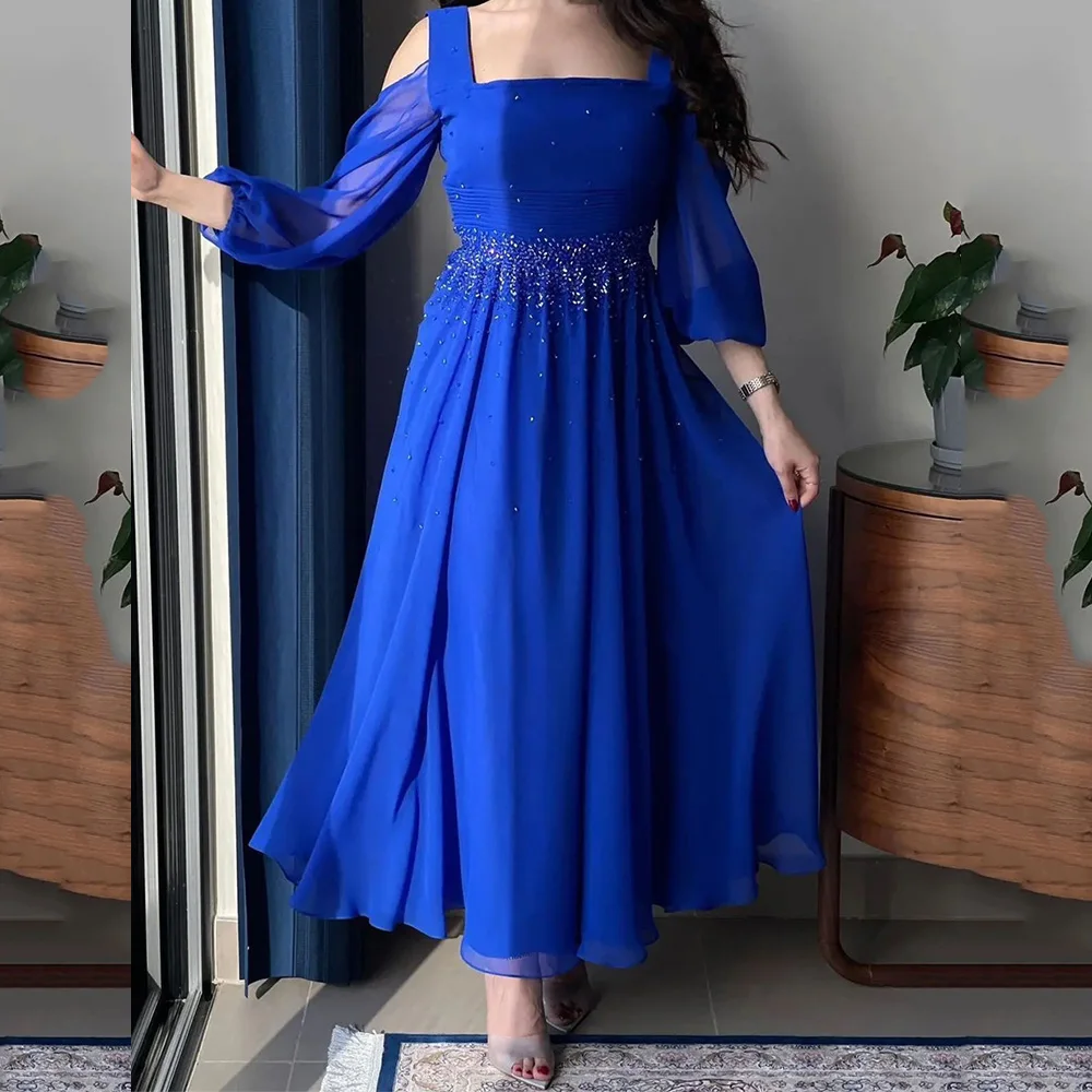 Customized Chiffon Prom Gown A-line Pleat Square Neck Illusion Long Sleeve Charming Evening Party Dresses فساتين للحفلات الراقصة