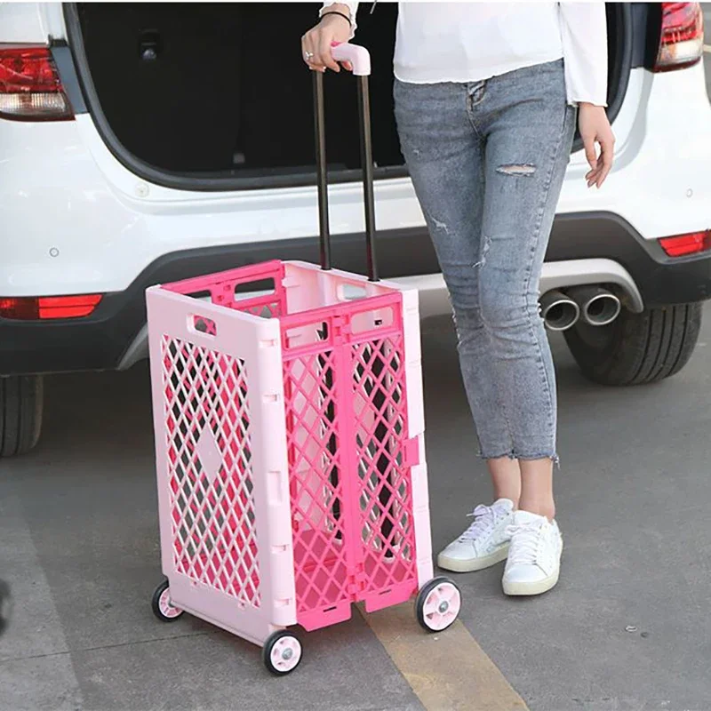 65L Quick Folding Portable Shopping Carts 4 Wheels Lightweight Food Grocery Storage Basket Small Picnic Outdoor Car Trolley