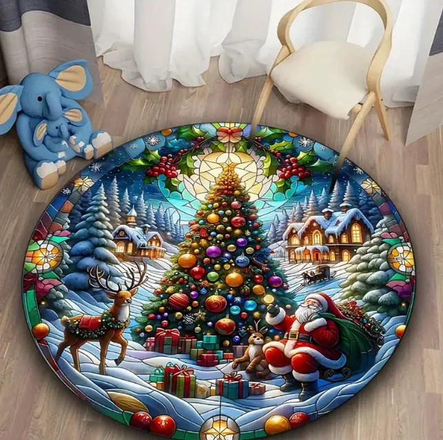 Festive Round Holiday Floor Mat for Living Room, Bedroom - Cozy Nordic-Style Area Rug, Perfect for Christmas & New Year Decor