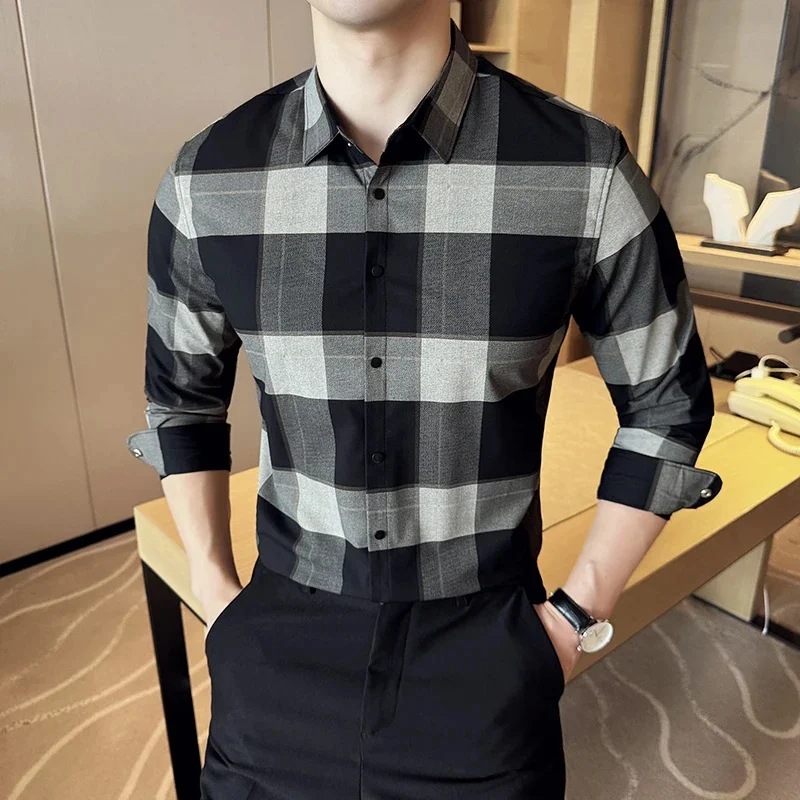 British style men's checkered shirt boutique comfortable long sleeved Spring new top versatile design men