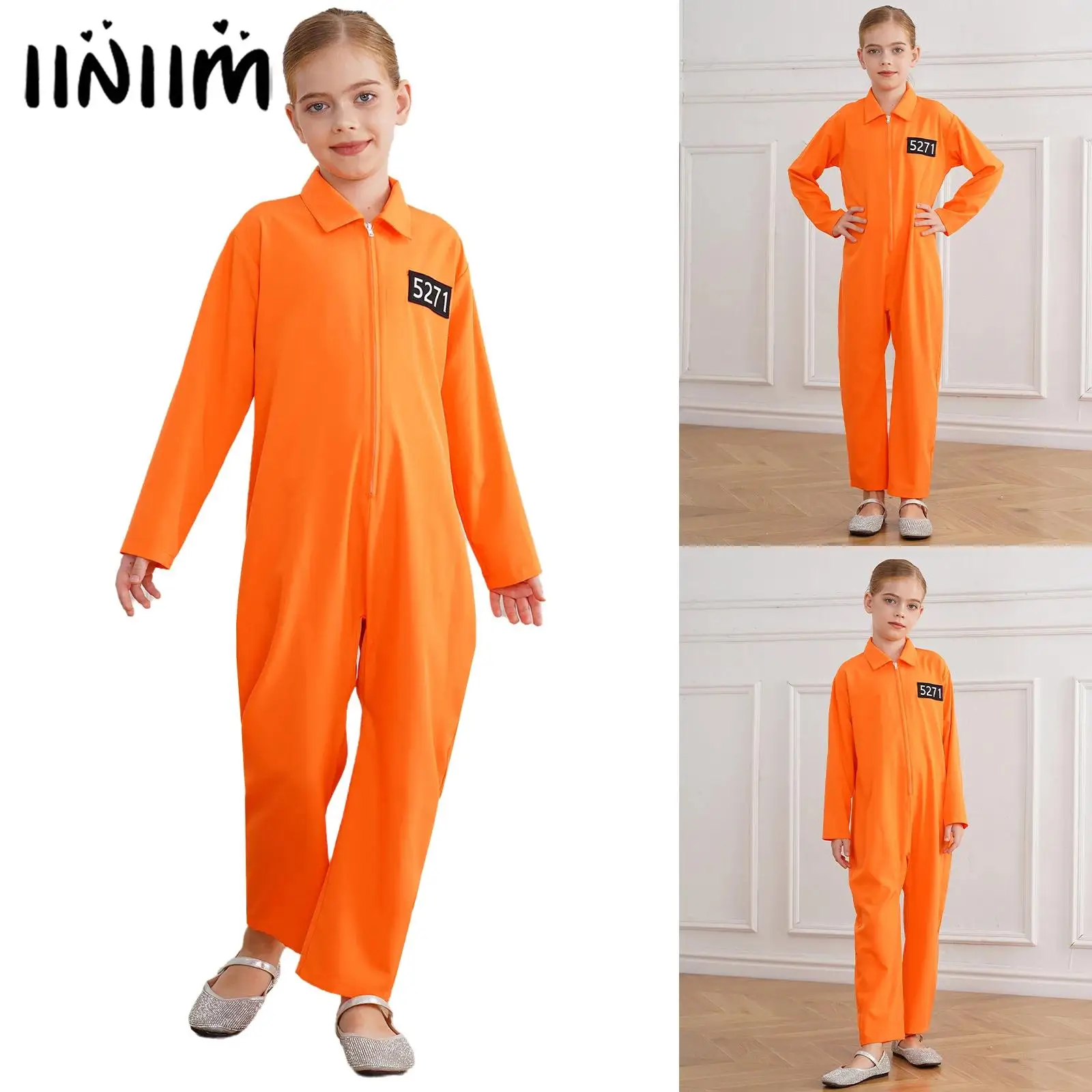 

Prisoner Costume for Boys Girls Orange Jailbird Jumpsuit Halloween Costume Long Sleeve Front Zipper Overalls Cosplay Uniform