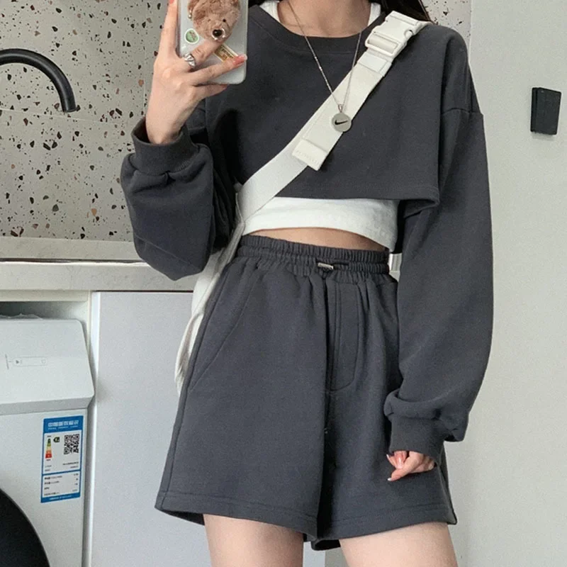 

2024 Fall Female Solid Two-piece Suit Women Long Sleeve Gray Short Pullover Casual High Waist Straight Shorts Two Piece Sets