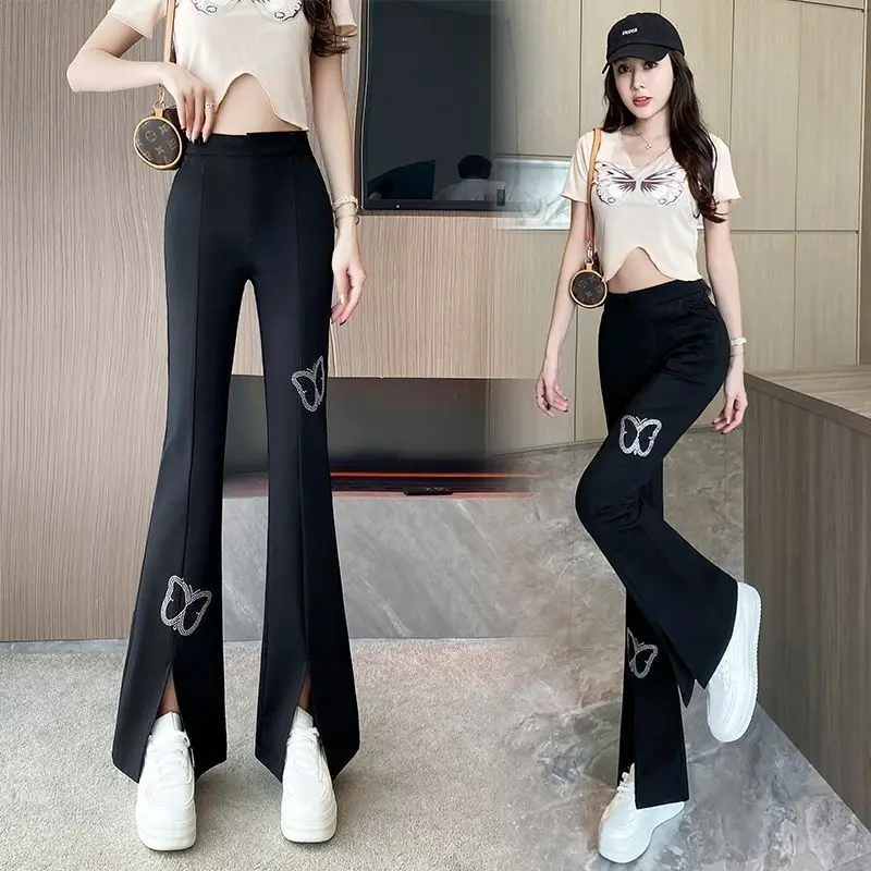 กางเกงบานเล็กน้อยสําหรับผู้หญิงฤดูใบไม้ผลิและฤดูร้อน 2025 ใหม่เอวสูงเข้ารูปพอดียืดกรีดกางเกงลําลอง