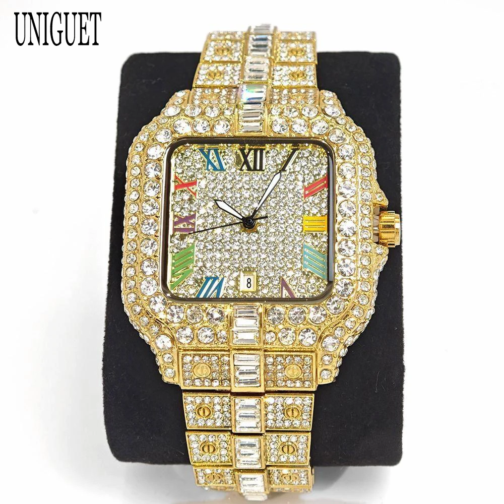 New Luxury UNIGUET Men\'s Fashion Diamond Watch Hip Hop Iced Bling Color Jewelry Square Quartz Wristwatches Stylish Men Accessory