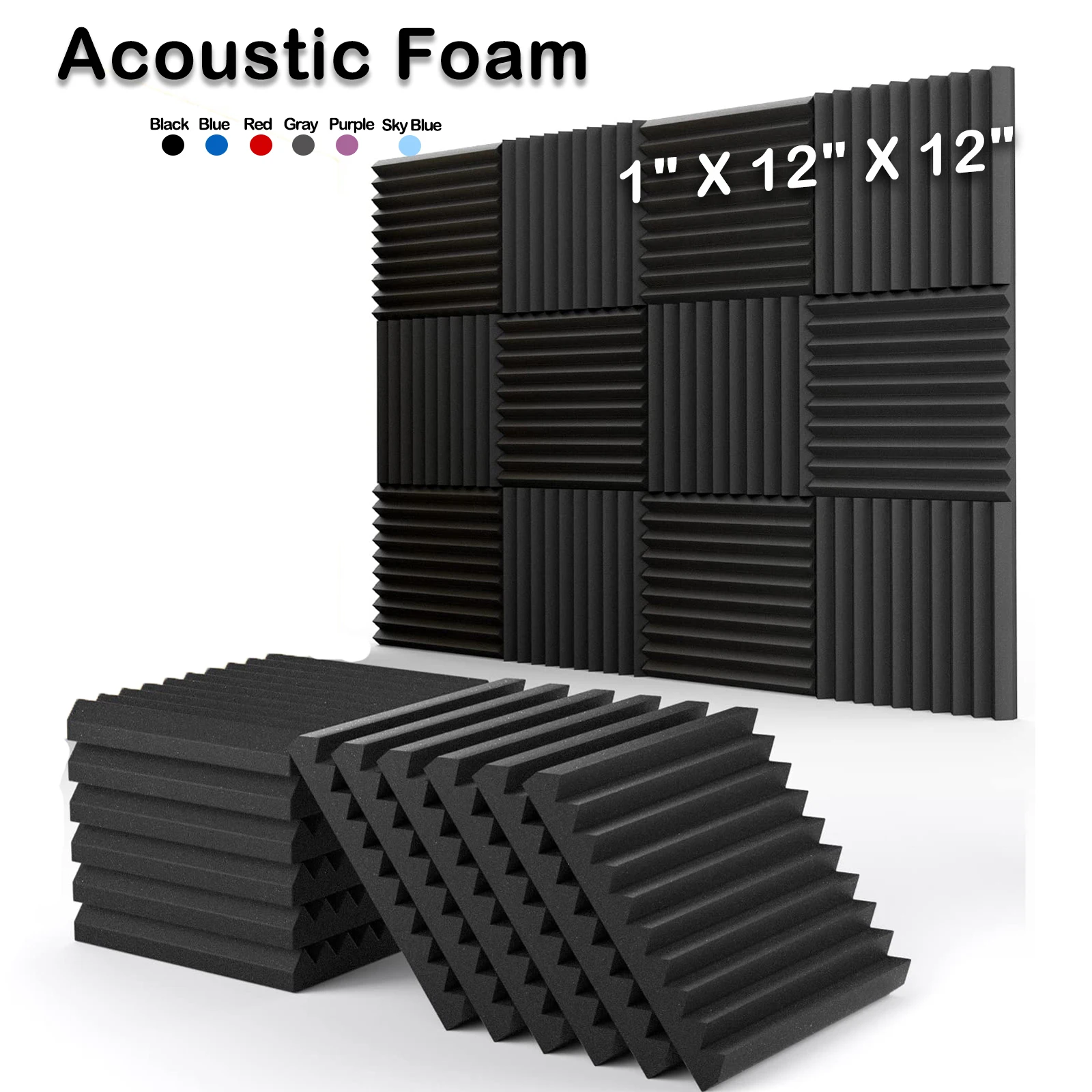 

12/24Pack 1" X 12" X 12" SoundProof Foam Panels Studio Acoustic Foam Panels Sponge Pad Absorption Treatment KTV Room Office Wall