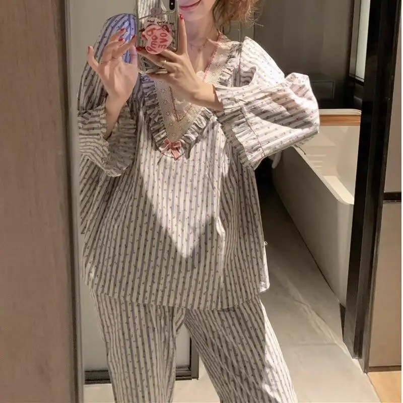 

Женский пижамный комплект: удобная домашняя одежда, пижама больших размеров, с длинным рукавом, контрастными полосками, свободного кроя, милая верхняя одежда