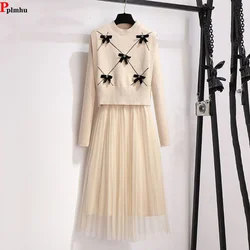 Spring Knitwears 2 Piece Sets Vest Short Bow Outfit Mid Length Slim Patchwork Gauze Dress Ensemble Elegant Woman Soft Suits