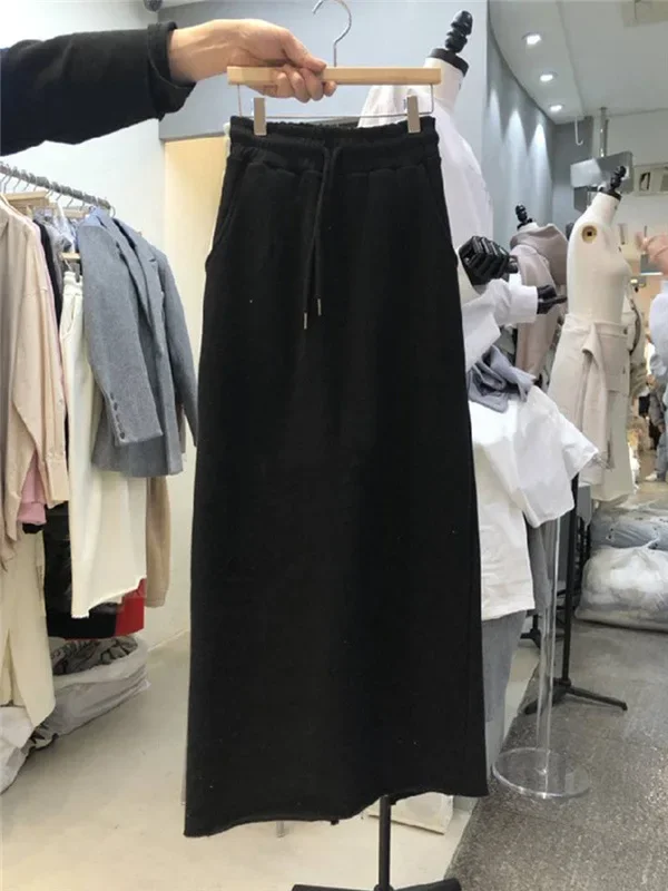 Dongdaemun2024 Spring Autumn New Fashion Drawstring Elastic Waist Solid Color Side Slit Skirt Versatile Medium Long Dress