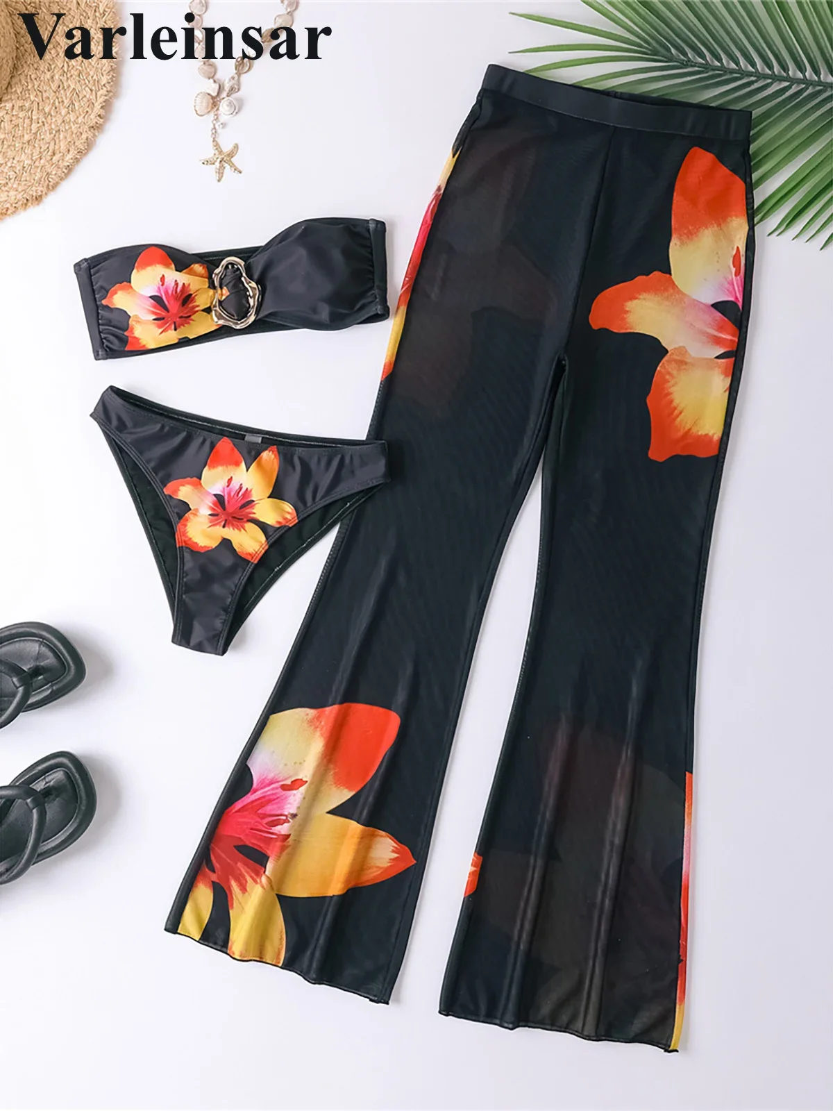 

S - XL с брюками, бикини с цветочным принтом, женский купальник, женский купальник, комплект из трех частей, купальный костюм, купальный костюм, V6553