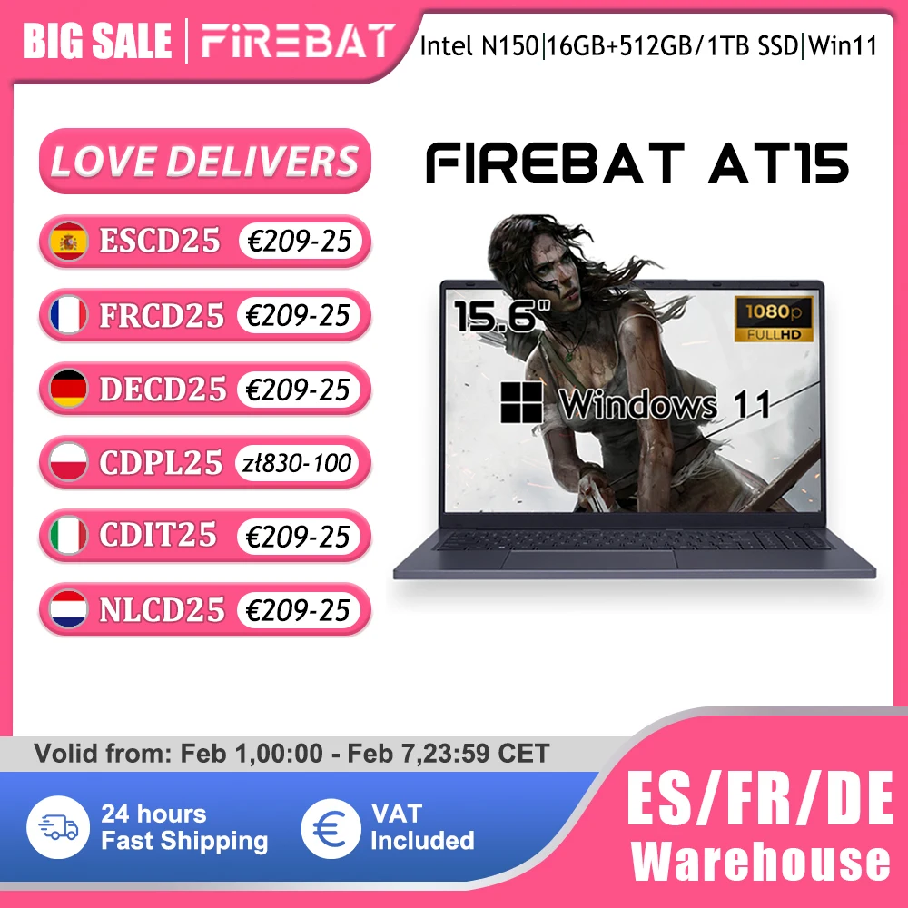 Firebat Laptop AT15 15,6 Zoll Intel N150 DDR4 16 GB RAM 512 GB 1 TB SSD 1920*1080 Windows 11 Notebook Hintergrundbeleuchtetes integriertes Numpad