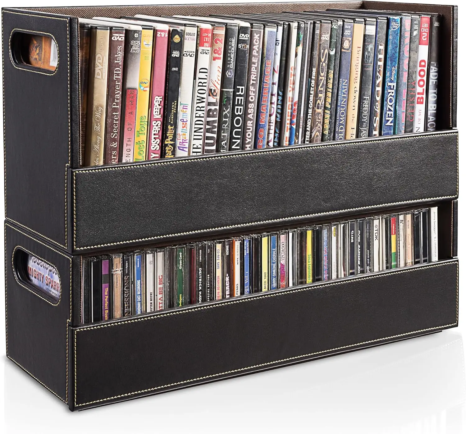 

Faux Leather DVD & CD Storage Box - Movie Shelf Organizer for Blu-Ray, Video Game Cases, VHS Tape Display Stand, Disc Holder Can