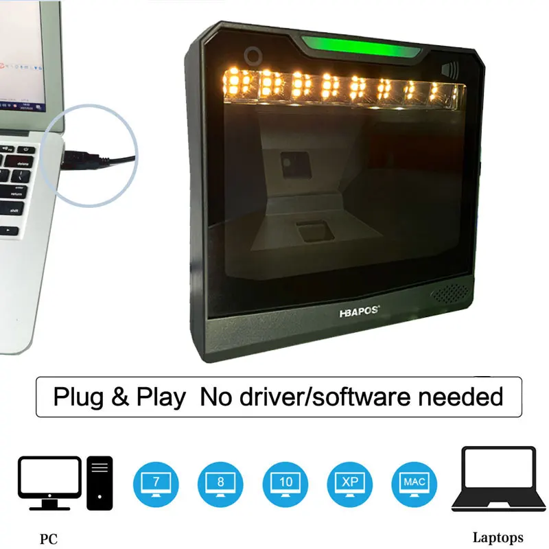 HBAPOS 1.3 mega pixels  Barcode Scanner Handsfree 1D 2D Ticketing QR Barcode Reader Omnidirectional Wired USB Platform Desktop