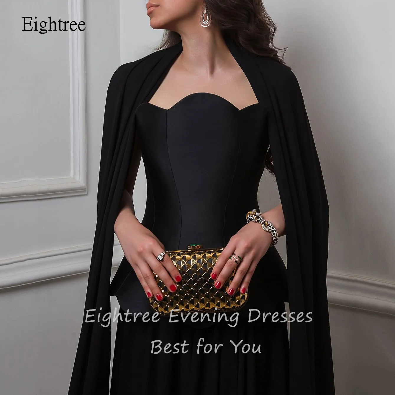 Eightree Modern Black Petal Collar A Line Prom Gowns Summer Cap Sleeves Party Gown Saudi Floor Length Evening Dress Customized