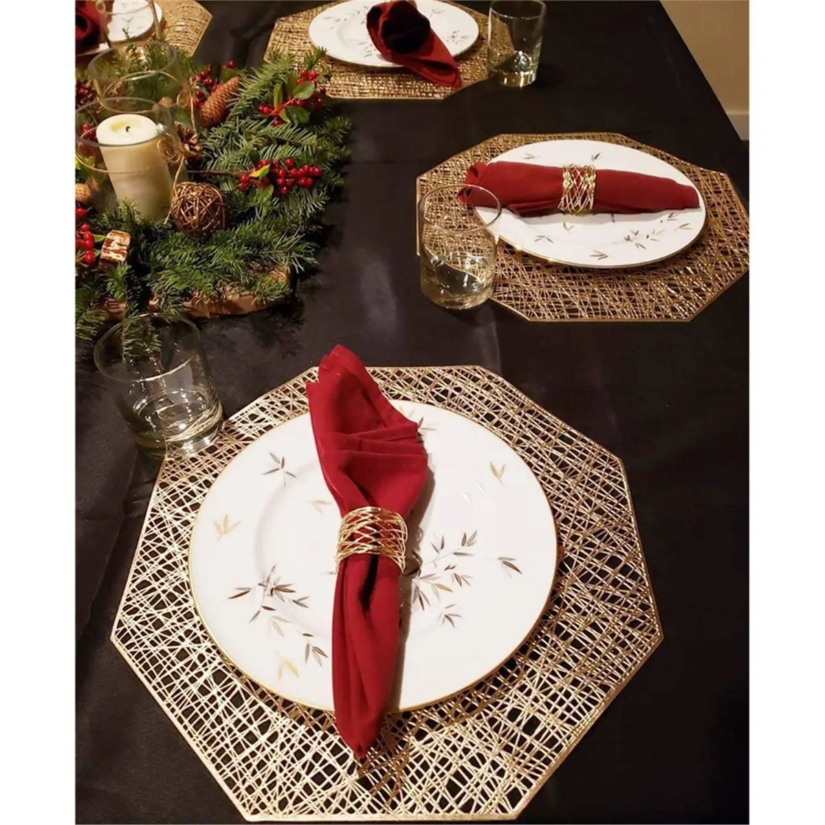 6 Pcs Octagonal Placemat, Hollow-Out Design,Non-Slip and Heat-Insulating,Suitable for Kitchens, Dining Rooms, and Hotels