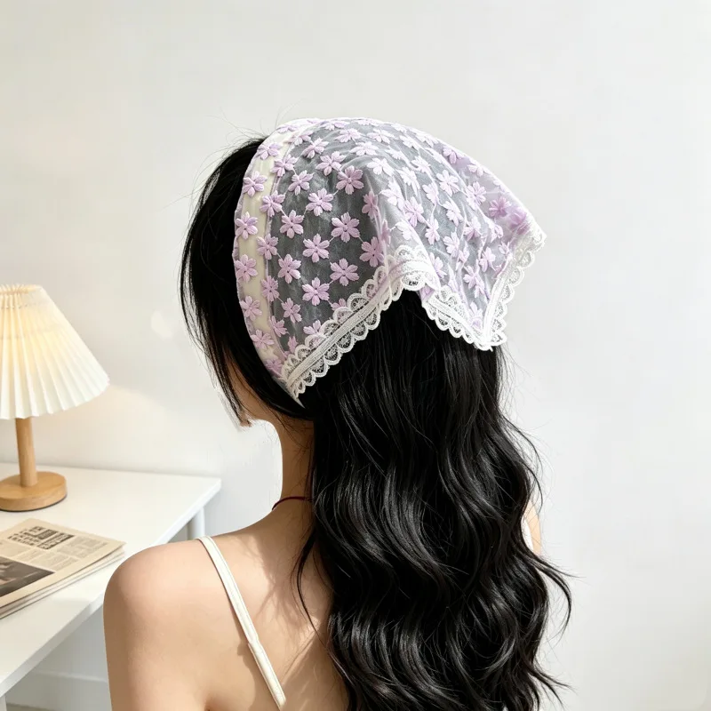 Ribbon Hair Scarf Lace Embroidered Floral French Vintage Tulle Tie for Summer Travel Lightweight Breathable Soft Cream Headwrap