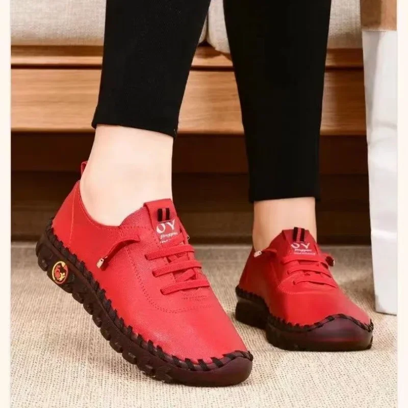 Fashion Women Casual Flats Shoes Autumn Loafers Lace Up Sneakers Solid Soft Bottom Boots Leather High-Top Sneaker Female Shoes