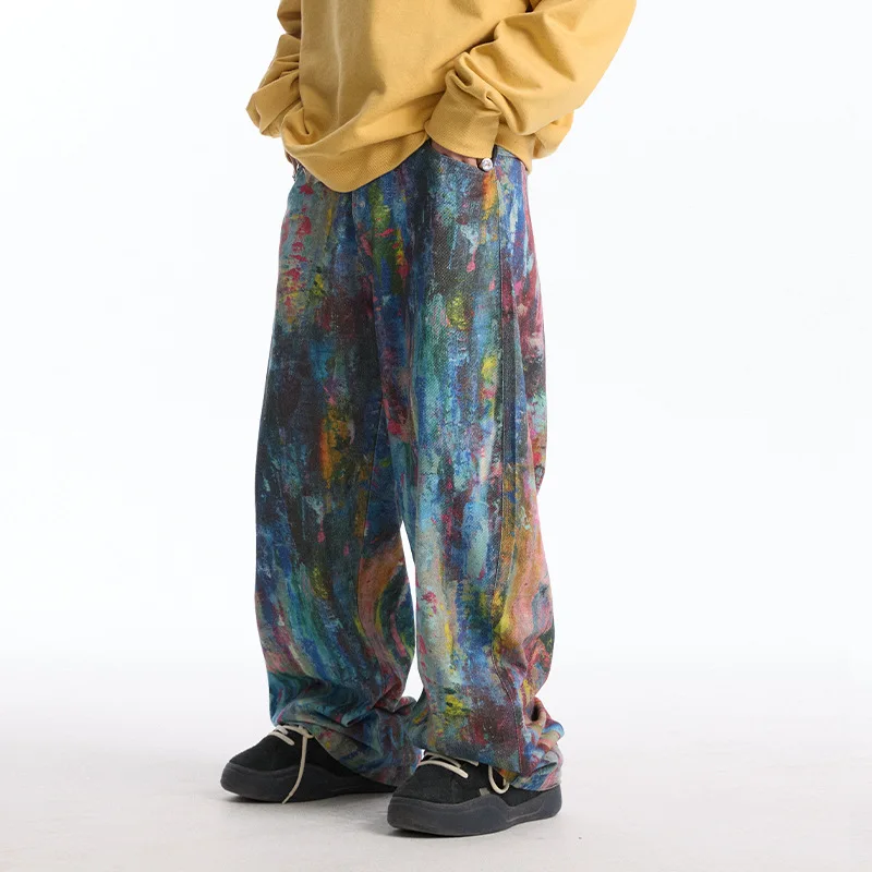 

Retro American Print Jeans Casual Pants Loose Straight Leg Summer Faionable Men's Women's Long Trousers