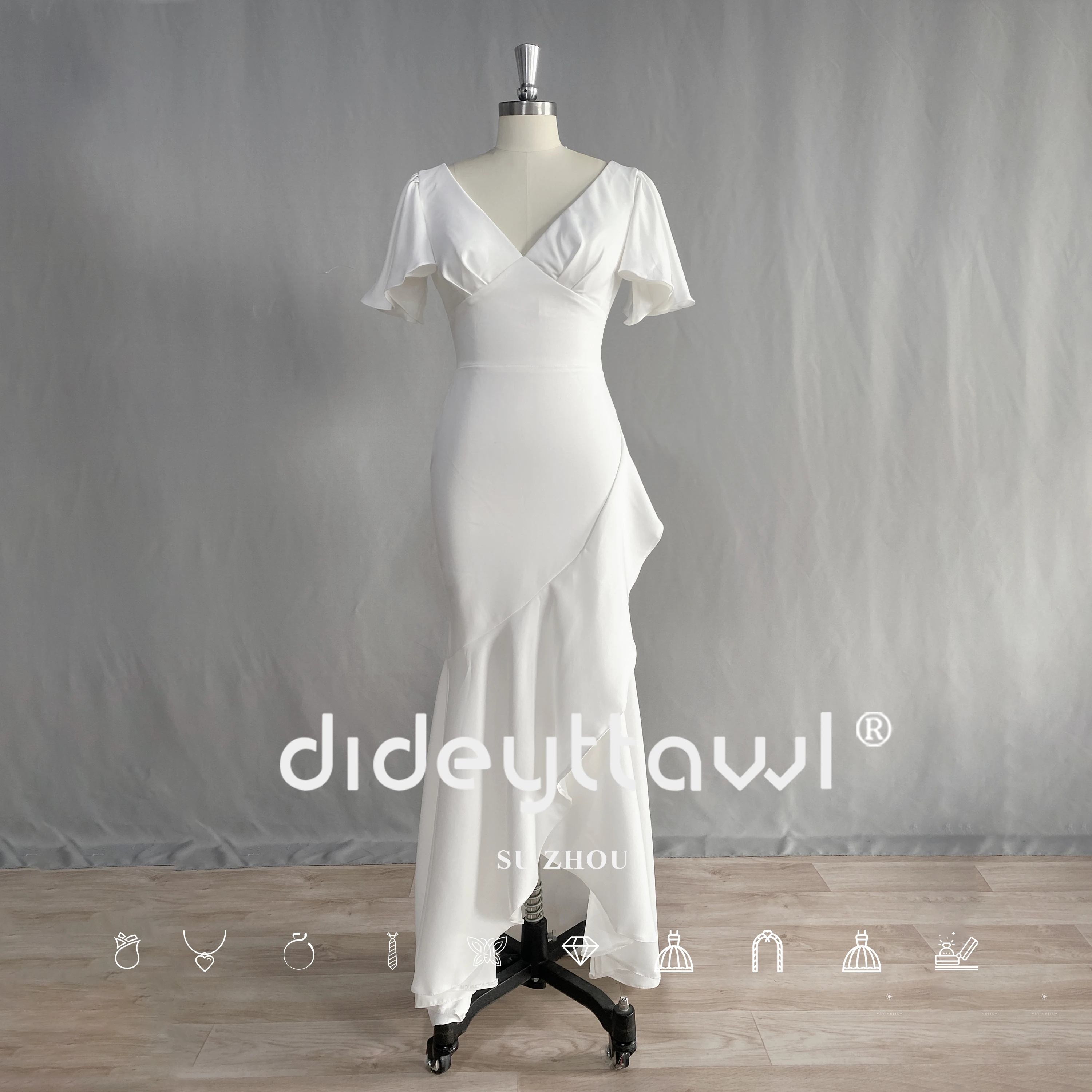 DIDEYTTAWL Actual Image Beach Wedding Dress Summer Short Sleeve Bride Gown V Neck Mermaid High Low Simple Stretch Robe De Mariée