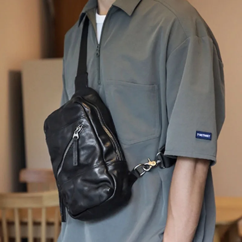 AETOO New genuine leather men's single-shoulder small chest bag, vegetable-tanned top-grain cowhide casual sports crossbody sing