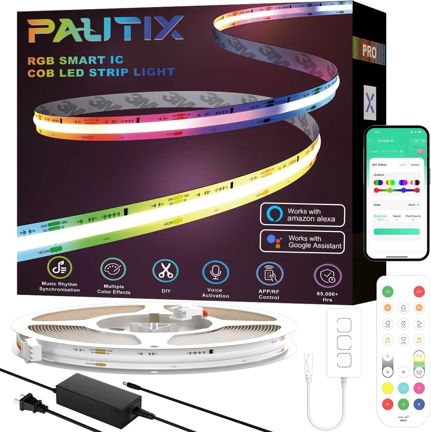 Pautix Rgb Smart Ic Cob Led Strip Lights,Work With Alexa/Google Assistant,24Ft/7.5M,720Leds/M Addressable Ul-Listed 24V Chasing