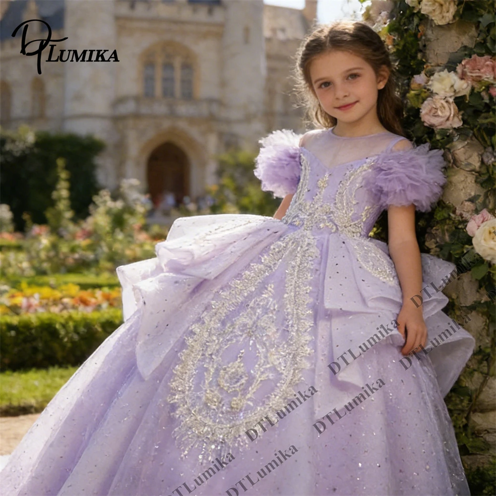 

Lavender Formal Dress for Girls, Wedding Glower Dresses Silver Embroidery Formal Tulle Ball Gown Princess Events Birthday Gown