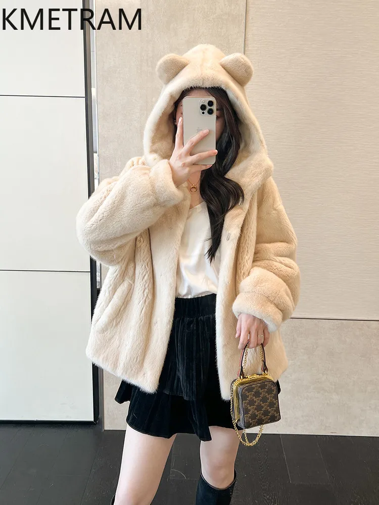 KMETRAM-Chaqueta de piel de visón natural para mujer, 100% de terciopelo morado, bonito abrigo corto de piel de visón auténtica con capucha, ropa de invierno para mujer, 2025