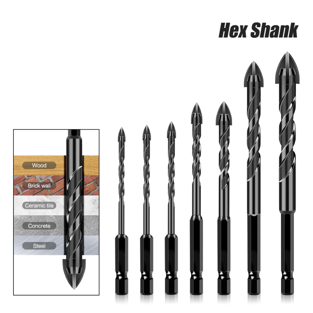 Hex Shank 4-Cutter Cross Tile Drill Bit Carbide Spear Drill Bits for Ceramic Tile Brick Concrete Glass Wood Metal Drilling
